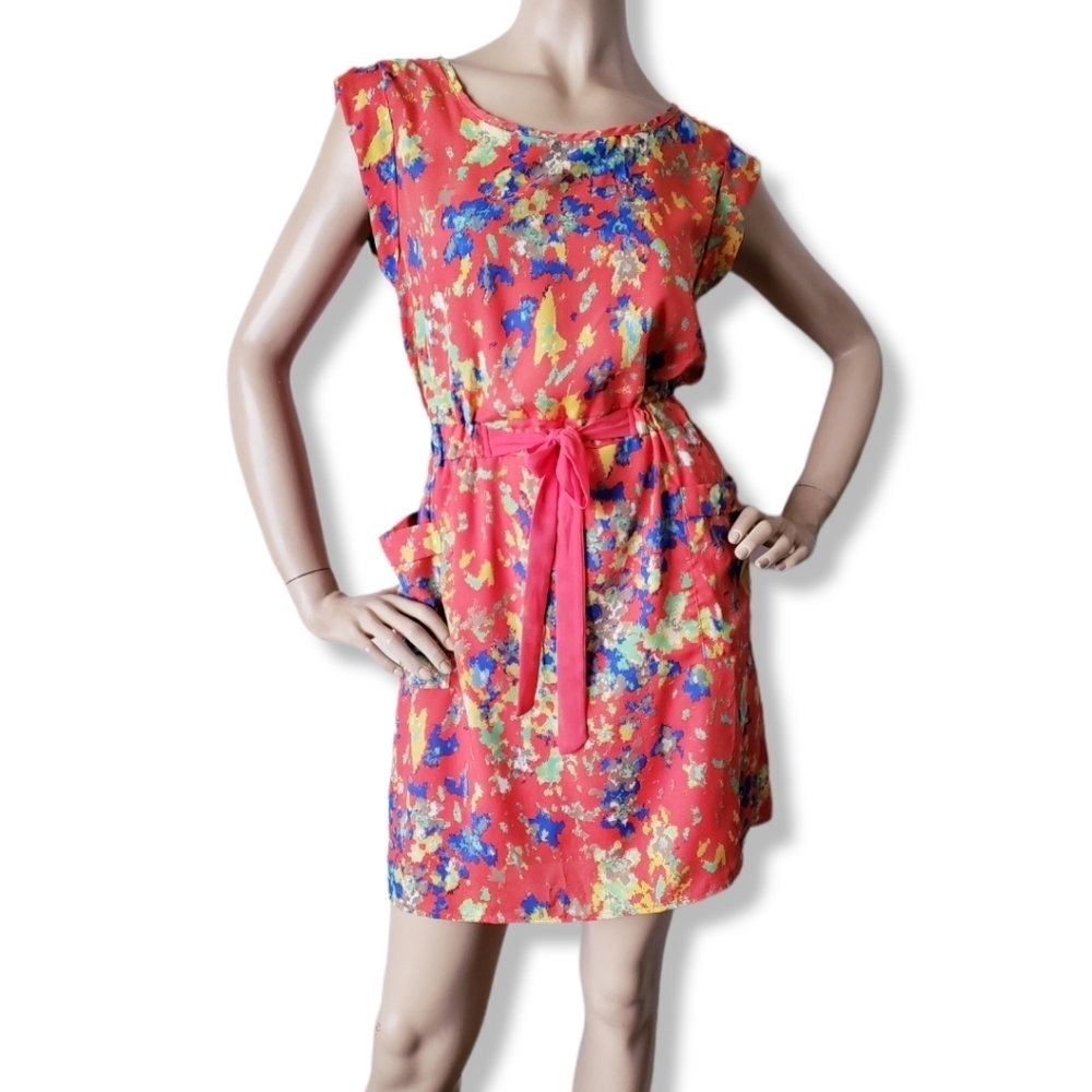 J&M Clothing Orange Oil Paint "Splatter" Dress With Waist Ties & Pockets